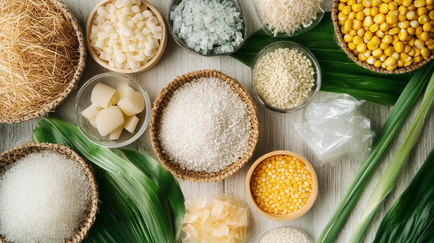 A close-up of various biodegradable materials used to make compostable plastics, including corn starch, sugarcane, plant fibers, and natural polymers, arranged in an eco-friendly and visually appealing layout. In the background, soft green tones and leaves emphasize sustainability. The image should reflect innovation in environmentally friendly materials, with a bright, clean aesthetic.