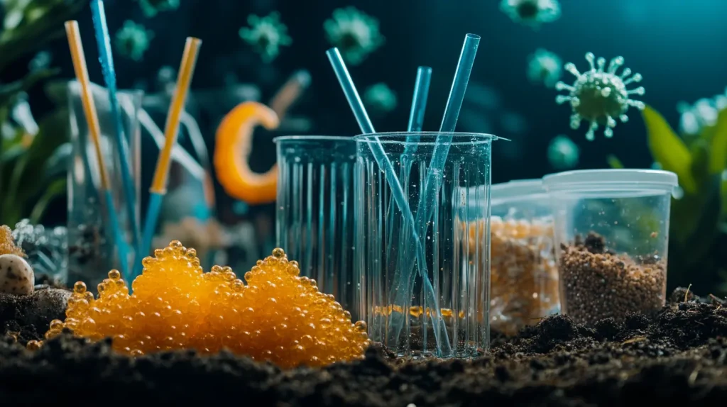 A collection of everyday disposable items like straws, utensils, and food packaging made from PHA plastic, with a background of microorganisms under a microscope, symbolizing the biological production process. The setting is an outdoor environment with soil and water to highlight its natural biodegradation process in real-world conditions.