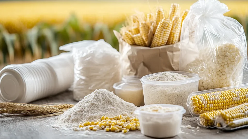 A close-up of various biodegradable materials used to make compostable plastics, including corn starch, sugarcane, plant fibers, and natural polymers, arranged in an eco-friendly and visually appealing layout. In the background, soft green tones and leaves emphasize sustainability. The image should reflect innovation in environmentally friendly materials, with a bright, clean aesthetic.