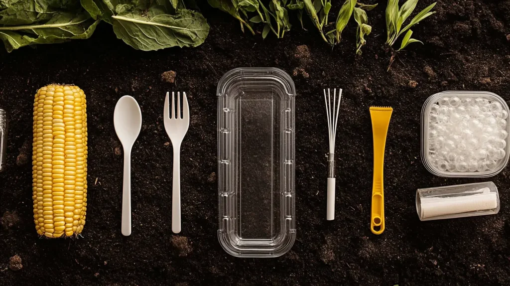 A high-quality photo showing two types of compostable plastics side by side: one made from natural sources like corn starch and sugarcane, and the other a synthetic biodegradable plastic. The items, such as containers and utensils, are placed on natural backgrounds of soil and plants, symbolizing their compostability. The natural-based plastic has raw materials like corn and sugarcane visible, while the synthetic plastic is placed near lab equipment, representing its industrial composting process.