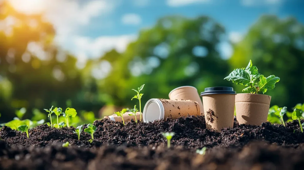 A photo of compostable plastic products, like coffee cups, placed on a bed of rich, dark soil with small green sprouts growing around them, symbolizing their environmental benefits. In the background, a vibrant, natural scene with blue skies and trees emphasizes reduced pollution and eco-friendliness. The image captures the idea of renewable materials and sustainable living.
