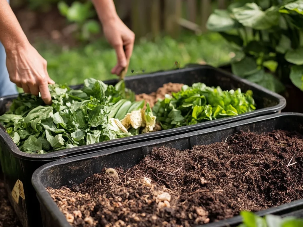 Imagen que muestra una de las etapas de hacer compostaje en casa. Una persona usa un rastrillo pequeño o una pala para remover el compost, mostrando el movimiento de mezcla. La textura del compost se ve uniforme, con algunos restos parcialmente descompuestos y otros más avanzados.