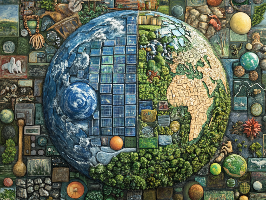 Imagen muestra un planeta Tierra rodeado de iconos que representan actividades humanas como fábricas, automóviles y aviones que generan emisiones de CO2. En contraste, el lado opuesto del planeta muestra soluciones sostenibles como paneles solares, bicicletas, árboles y personas reciclando. 