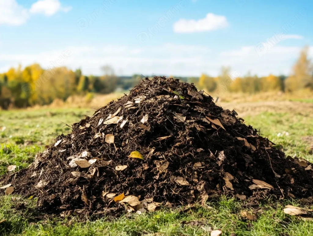 Imagen muestra el proceso del compostaje en un comienzo, con los residuos orgánicos en un monto al aire libre.