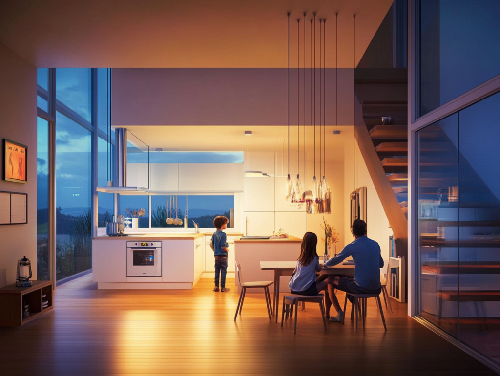 Imagen muestra el interior de un hogar moderno con acciones para reducir el consumo de energía: luces LED encendidas, electrodomésticos eficientes etiquetados con "A++", una familia apagando dispositivos que no se usan, cortinas abiertas para aprovechar la luz natural y paneles solares en el techo.