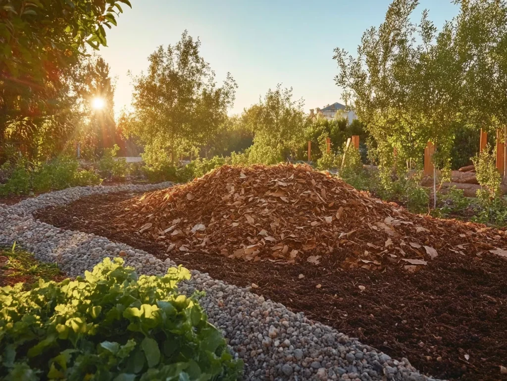 Imagen muestra un compostaje aeróbico, con un montón de compost al aire libre en un entorno de jardín o campo. El compost está compuesto de materiales orgánicos como hojas secas, restos de frutas y verduras, y ramitas. A su alrededor hay herramientas de jardinería, como una pala y un rastrillo, y se observa un ligero vapor que simboliza el calor generado por la actividad de descomposición. 