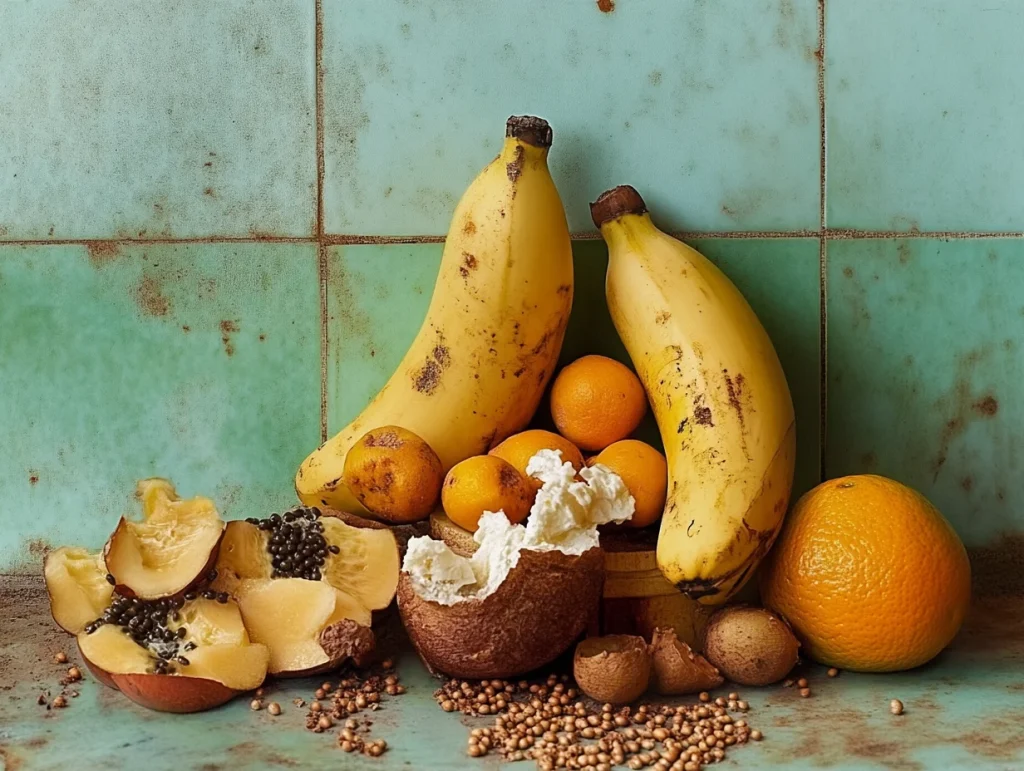 Imagen muestra desechos orgánicos de cocina ideales para el compostaje, Estos se encuentran en una superficie de cocina rústica o de madera sobre la cual hay varios tipos de desechos orgánicos: Cáscaras de frutas: trozos de cáscaras de plátano, naranjas, y manzanas en tonos vibrantes. Restos de vegetales: pedazos de zanahorias, tallos de apio y hojas de lechuga, con diferentes tonalidades de verde.