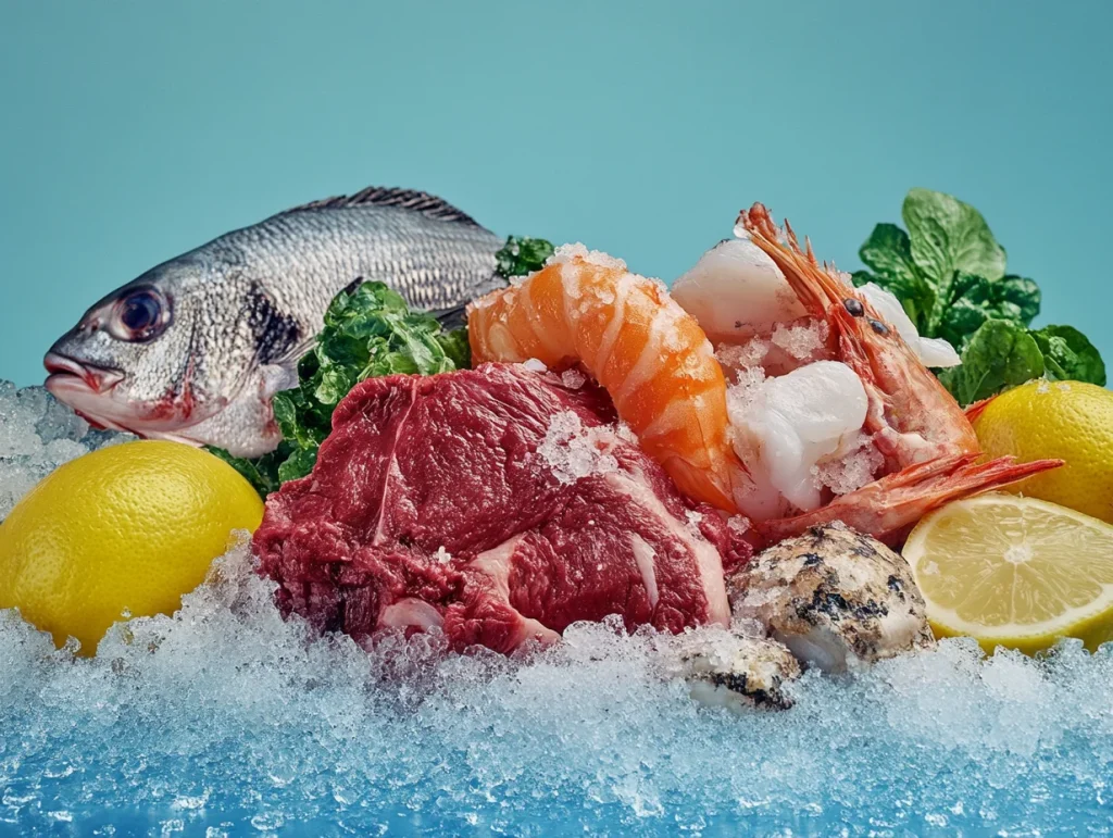Imagen muestra una superficie de cocina donde se vean varios restos de origen animal: Restos de carne: trozos pequeños de carne roja o pollo con algunos huesos. Pescado: un par de espinas o cabezas de pescado, resaltando su textura y forma distintiva. Huesos y grasas animales: un hueso grande con restos de grasa o carne, y pequeñas porciones de grasa blanca a su alrededor.