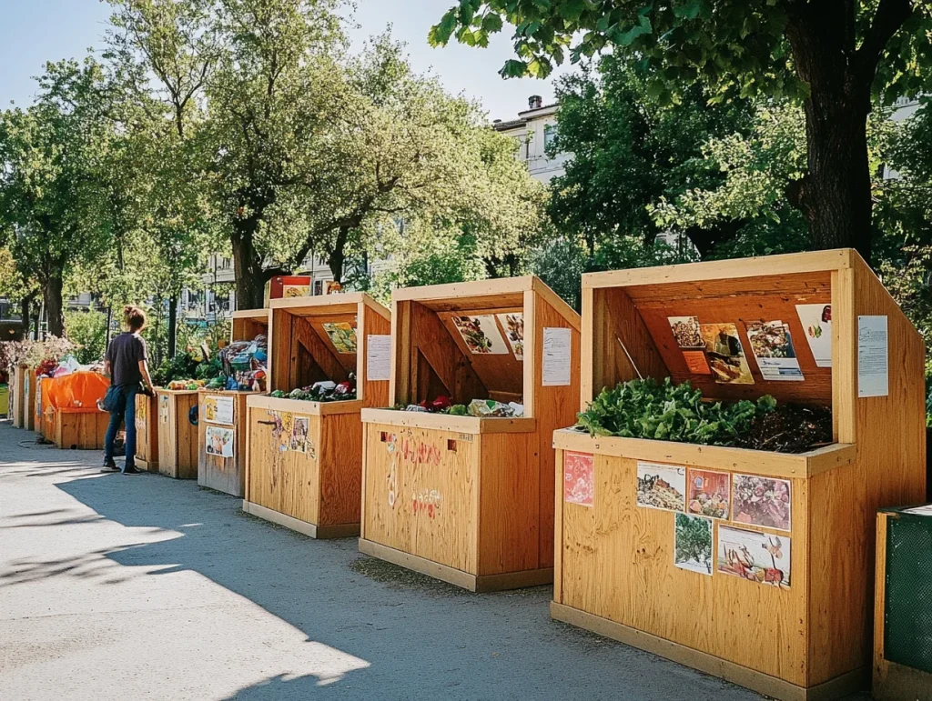 Una imagen de compostaje comunitario. Se muestra una escena en un parque o plaza donde se han instalado áreas específicas para el compostaje. Se observa una serie de contenedores grandes o cajas de madera etiquetadas para compost, donde las personas de la comunidad depositan sus desechos orgánicos. 