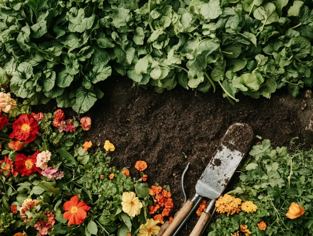 La imagen muestra un jardín exuberante y saludable, con plantas verdes y flores coloridas, rodeado de tierra oscura y rica en compost. 