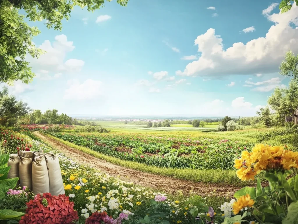  La imagen muestra un paisaje agrícola vibrante, con campos verdes y saludables, donde se aprecien cultivos en crecimiento. Incluye elementos como sacos de fertilizante apilados, una pala y un regador, todo rodeado de flores coloridas y un cielo despejado. 