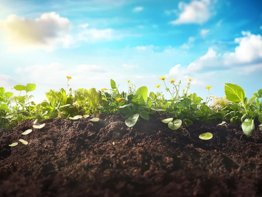 La imagen muestra un jardín o un campo donde se aprecie un suelo rico en compost, con una textura oscura y esponjosa.