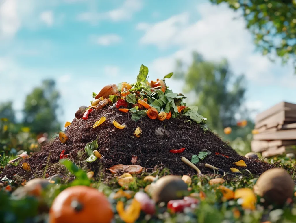 La imagen muestra una compostera en un jardín, rodeada de materiales orgánicos como restos de frutas, hojas secas y recortes de césped. Incluye una pila de compost bien formada, con texturas ricas y colores terrosos que sugieran un material nutritivo. 