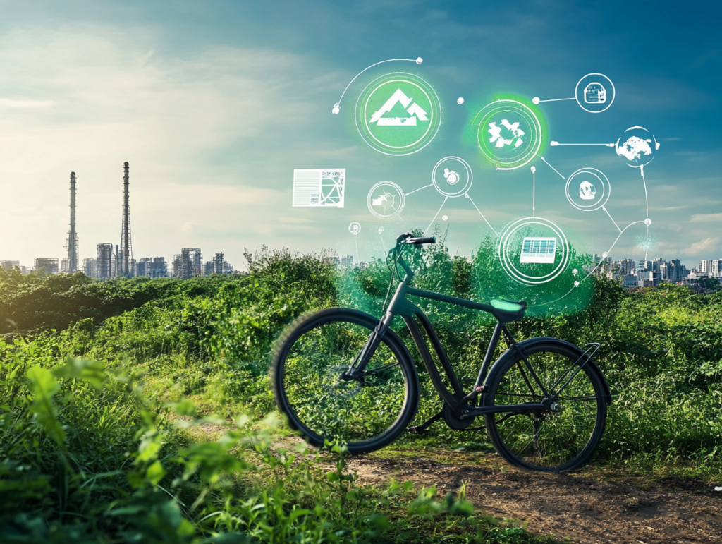 Imagen muestra una solución sostenible como bicicletas para contrastar con las fábricas y la vida de ciudad de fondo que emite muchos gases de efecto hibernadero y por ende contribuyen al cambio climático.