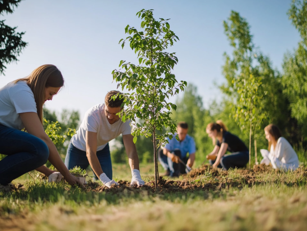 Imagen muestra a un grupo diverso de personas, incluidos adultos y niños, plantando árboles en un parque. Cada persona sostiene herramientas como palas o regaderas, mientras se observa un paisaje verde con árboles jóvenes ya plantados y etiquetados. 