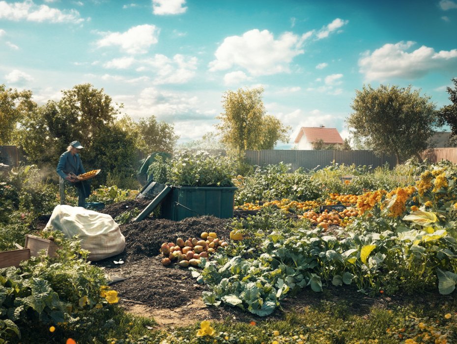 Imagen muestra un jardín con un compostador lleno de restos orgánicos como cáscaras de frutas, vegetales y hojas secas, rodeado de plantas saludables que crecen gracias al compost. Incluye a una persona agregando residuos al compostador con una pala, mientras otra riega las plantas.
