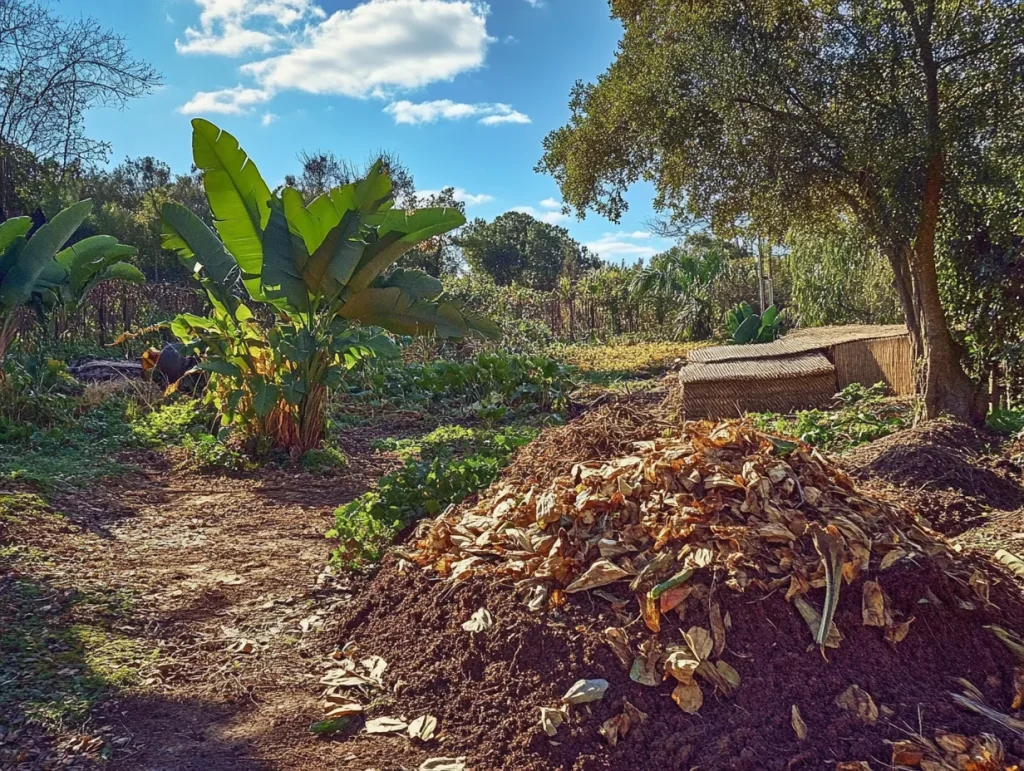 Imagen muestra montón de compost al aire libre, rodeado de hojas y ramas secas, con un ligero vapor que simboliza el calor generado por la descomposición. 