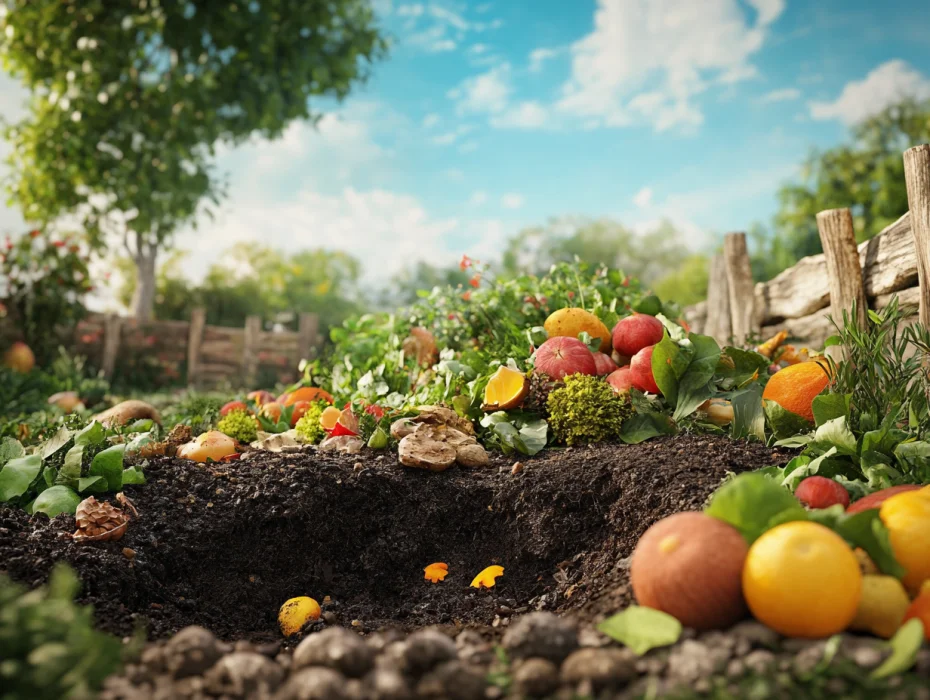 Imagen muestra una compostera en un jardín, rodeada de materiales orgánicos como restos de frutas, hojas secas y recortes de césped.