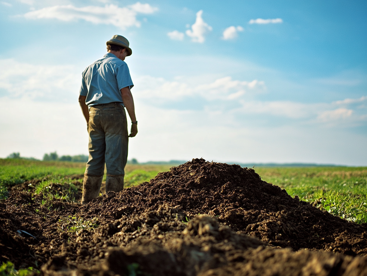 Agricultura y compostura Imagen muestra a un agricultor en un campo verde y fértil, aplicando compost en los surcos de cultivo.