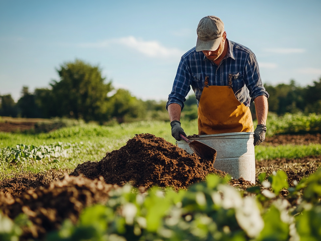 Imagen muestra un agricultor en un campo verde y fértil, aplicando compost en los surcos de cultivo. En primer plano, un recipiente o carretilla llena de compost oscuro y rico en nutrientes, mientras el agricultor usa una pala para distribuirlo uniformemente en la tierra.