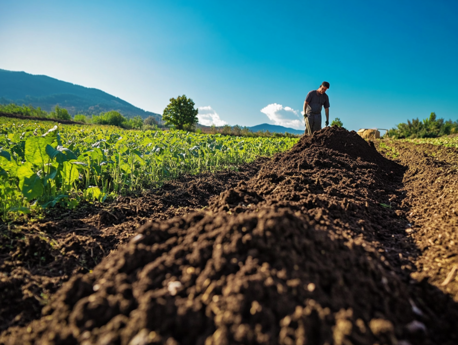 Imagen muestra a una persona haciendo compost en los cultivos agrícolas.