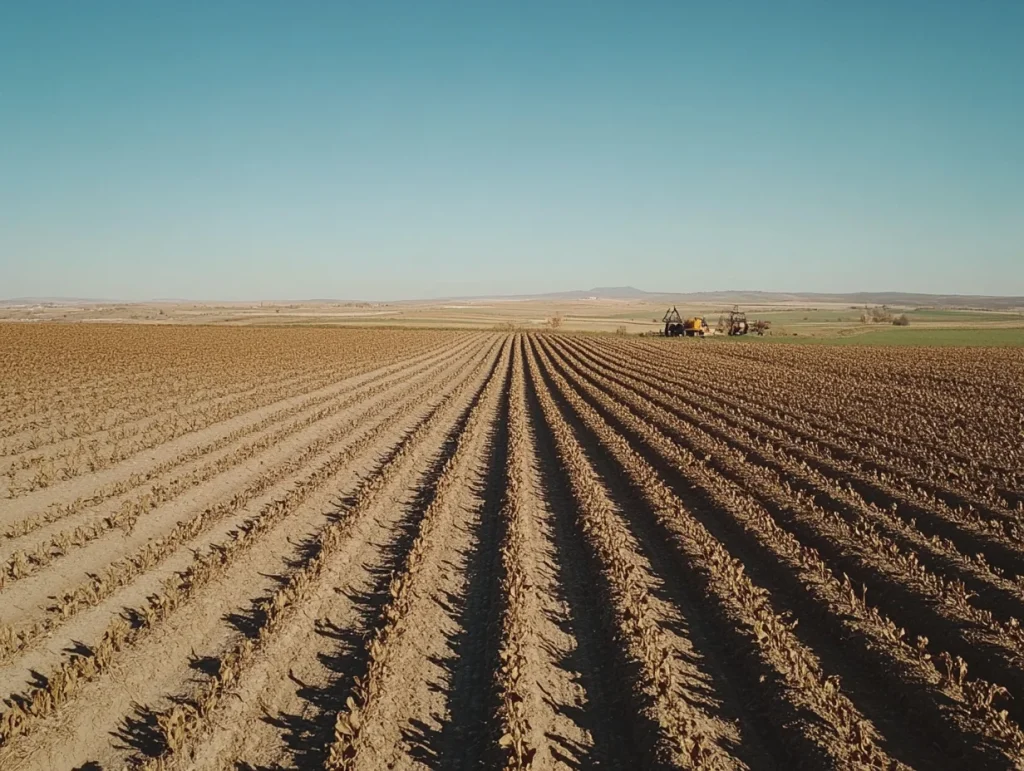 Imagen muestra vastos campos de cultivos agrícolas bajo un cielo azul claro.