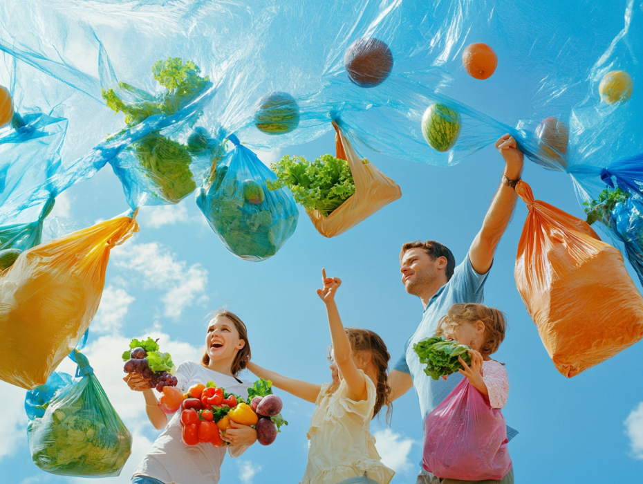 Imagen muestra una familia que utiliza bolsas compostables para hacer sus compras de comida caseras.