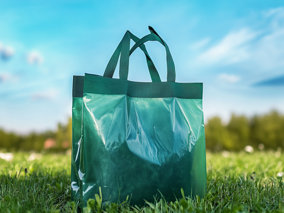 Una bolsa compostable ecológica, moderna, con un diseño minimalista y limpio. La bolsa está hecha de materiales vegetales certificados.