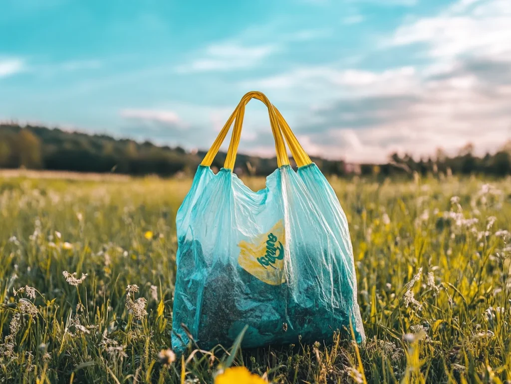 Una bolsa compostable en medio de la naturaleza, demostrando que está hecha de materiales que no dañan el medio ambiente.