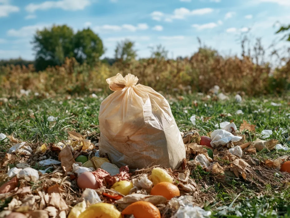Imagen que muestra una bolsa compostable en un entorno de compostaje doméstico. La bolsa está parcialmente descompuesta, rodeada de restos de alimentos y hojas secas, ilustrando su integración natural en el ciclo de desechos orgánicos.