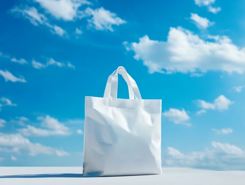 Una bolsa compostable ecológica, moderna, con un diseño minimalista y limpio. La bolsa está hecha de materiales vegetales certificados.