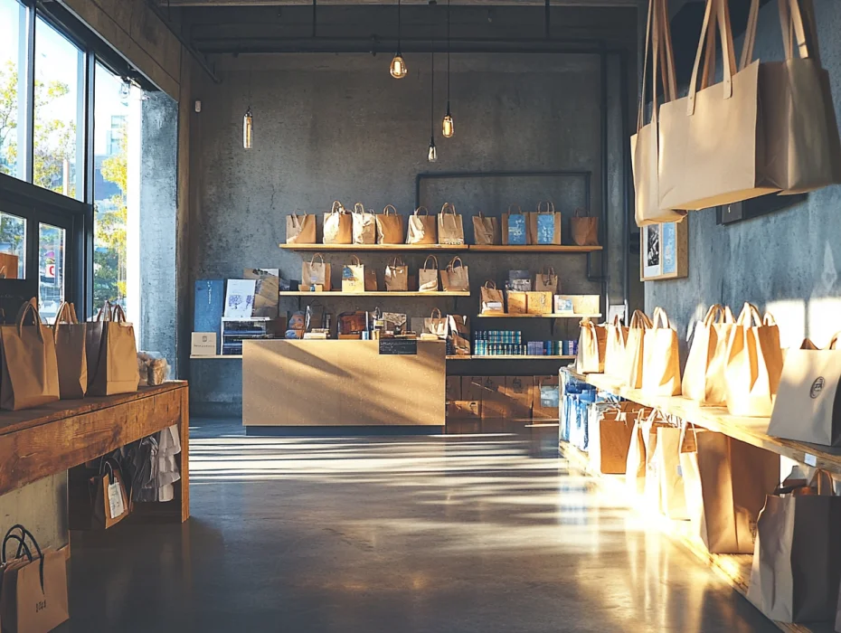 Una tienda retail moderna con bolsas eco-friendly de papel kraft y algodón orgánico.
