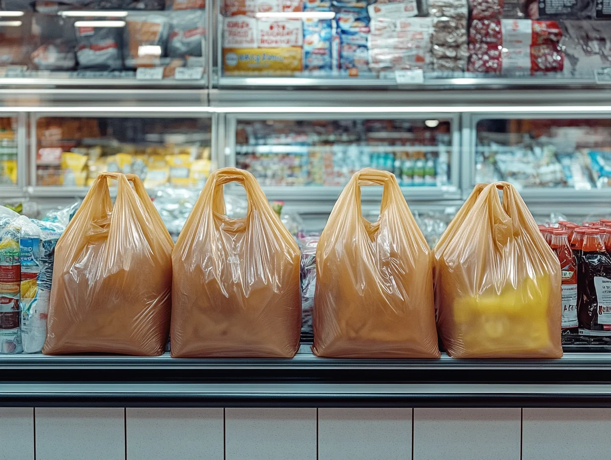 Bolsas compostables courier- shopping, con compras de comida del supermercado.