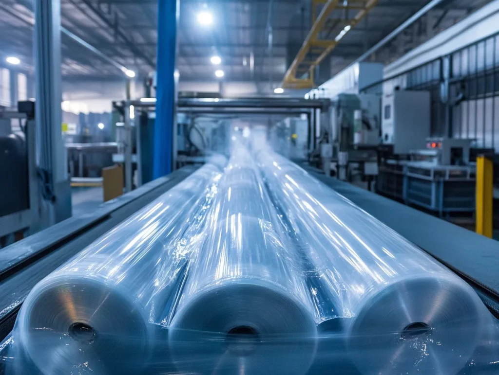 Fotografía del proceso de extrusión en una fábrica de bolsas compostables. Se observan grandes rollos de láminas biodegradables saliendo de la máquina, listas para ser cortadas y ensambladas en bolsas sostenibles.
