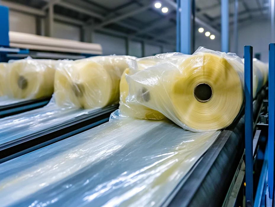 Una fábrica de bolsas compostables, con máquinas creando rollos de las bolsas que se van fabricando.