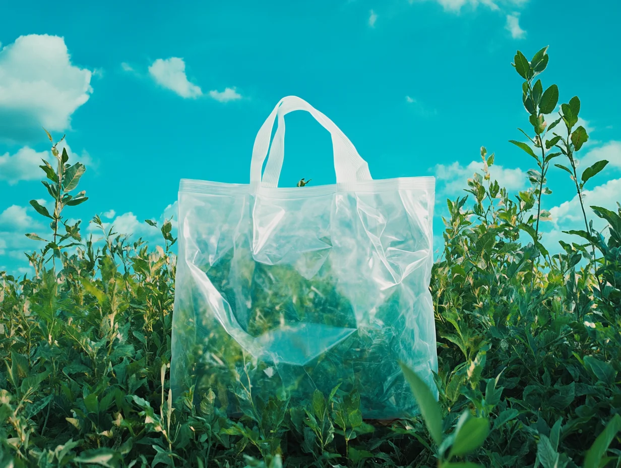 Imagen de una bolsa compostable en la naturaleza.