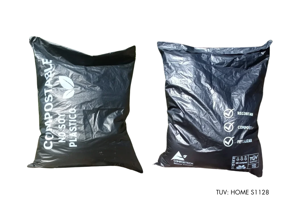 Bolsas compostables con su número de certificación.