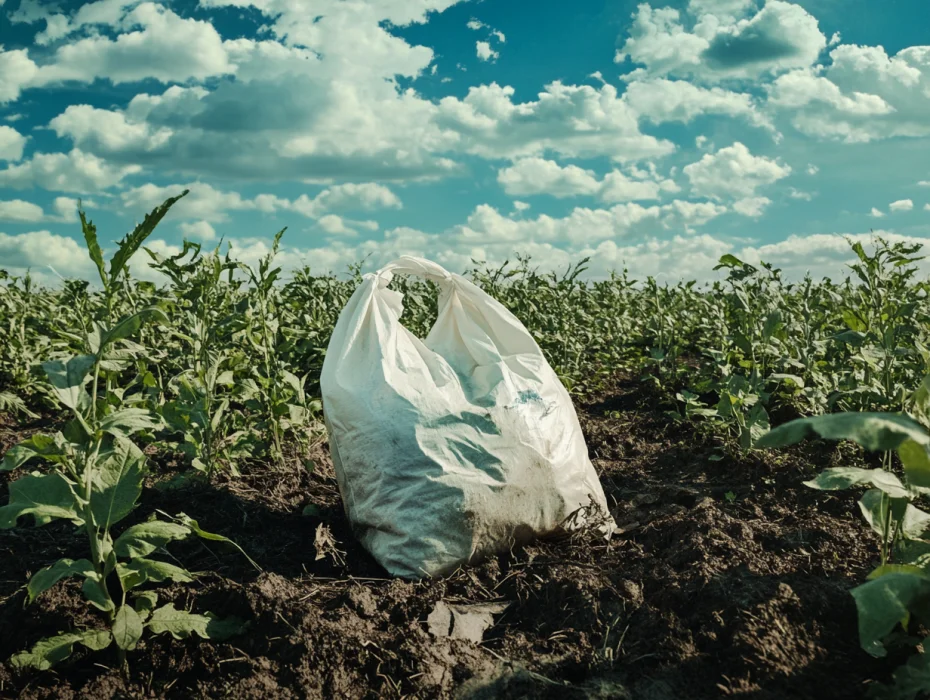 Bolsa compostable en la naturaleza.