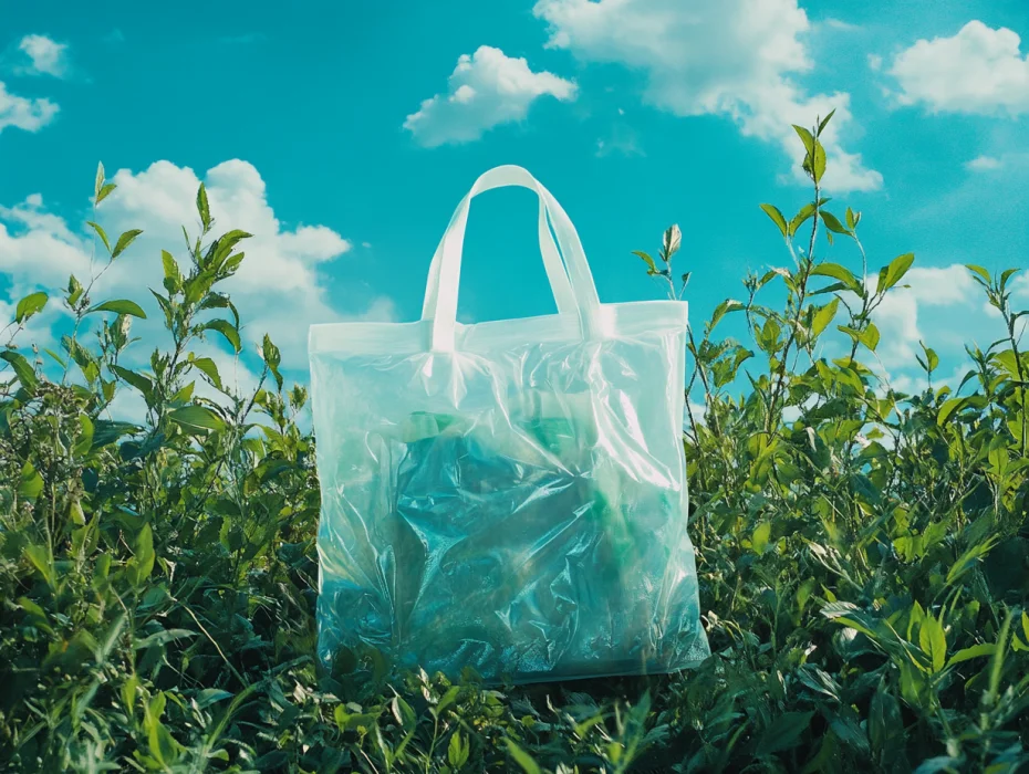 Bolsa compostable en suelo fértil.