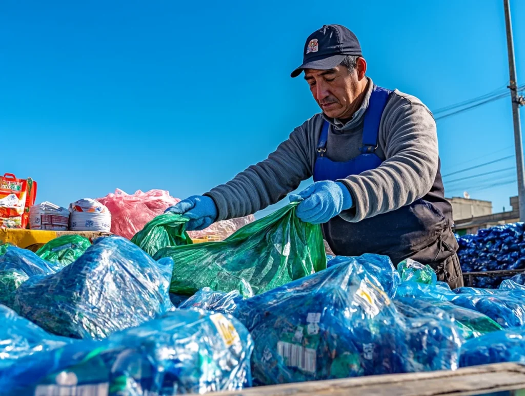 Gestión de bolsas compostables y residuos en un local de compostaje industrial.