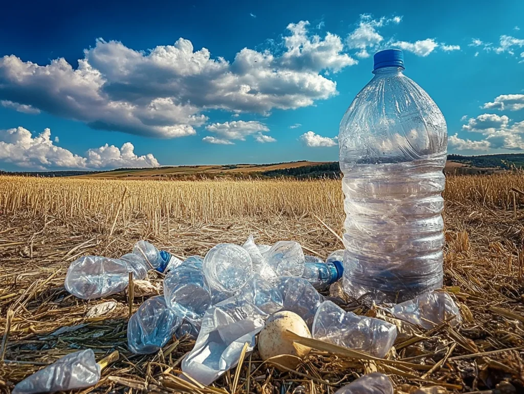 Fuentes naturales de los bioplásticos, como el maíz y la caña de azúcar, junto con envases biodegradables de PLA y PHA en diferentes aplicaciones, como botellas y empaques.
