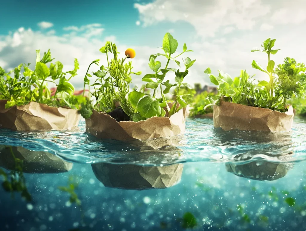 Envases biodegradables hechos de celulosa y papel reciclado, mostrando productos alimenticios empaquetados con recubrimientos vegetales.