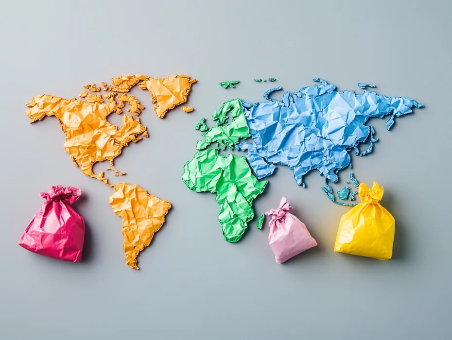 Mapa del mundo hecho con bolsas biodegradables y compostables.